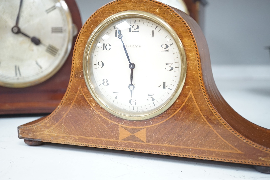 Three Edwardian mahogany mantel clocks, one with painted dial marked ‘Marsh and co. Ltd., New St., Birmingham’. Condition - fair, not tested for timekeeping.